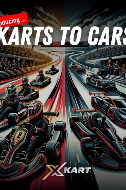 image of red and black karts and cars showing the progression from karts into car racing