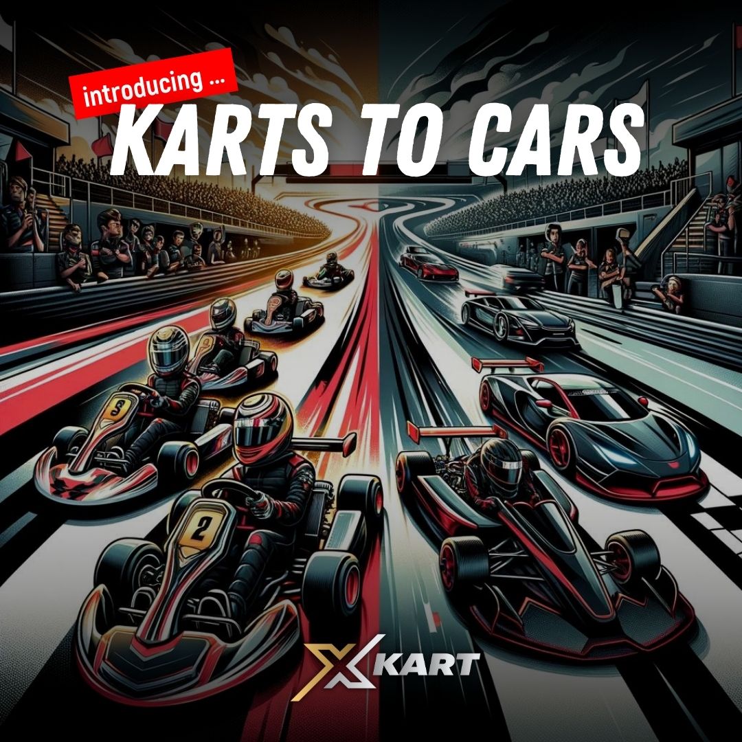 image of red and black karts and cars showing the progression from karts into car racing